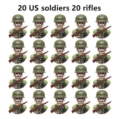 WWII Military Minifigures – 20-Pack Soldiers from Various Nations – Lego Compatible Army Figures with Weapons & Gear