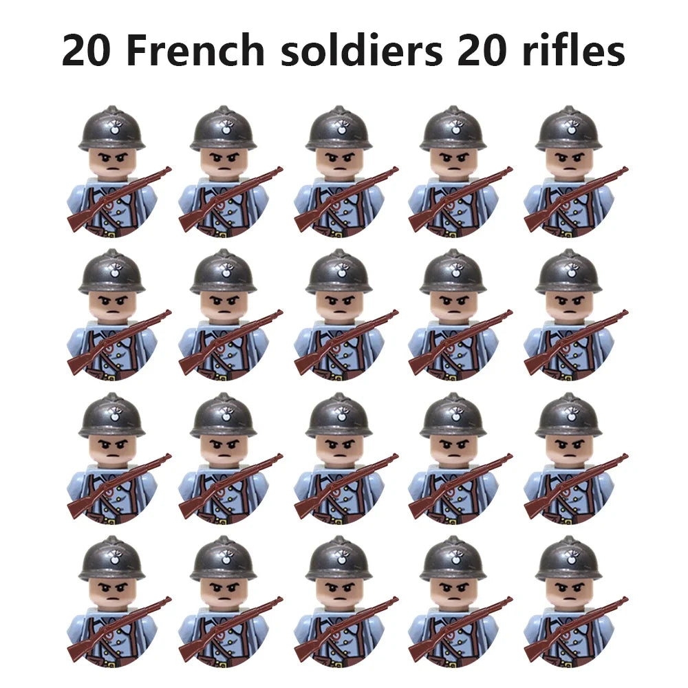 WWII Military Minifigures – 20-Pack Soldiers from Various Nations – Lego Compatible Army Figures with Weapons & Gear