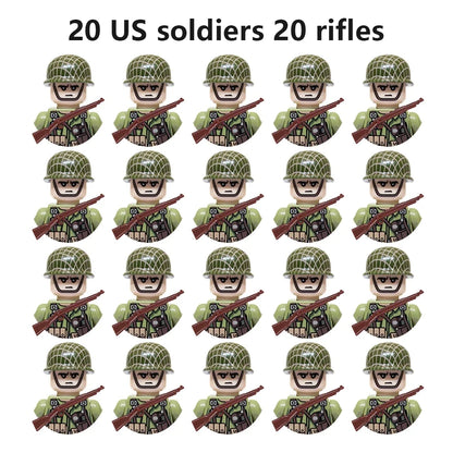 WWII Military Minifigures – 20-Pack Soldiers from Various Nations – Lego Compatible Army Figures with Weapons & Gear