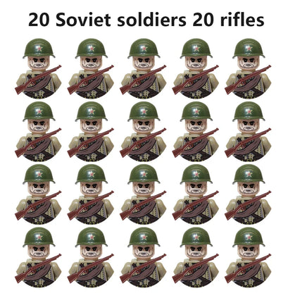 WWII Military Minifigures – 20-Pack Soldiers from Various Nations – Lego Compatible Army Figures with Weapons & Gear