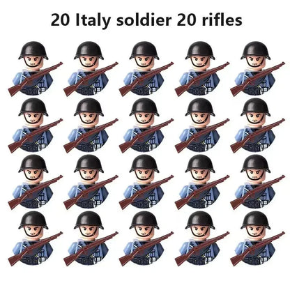 WWII Military Minifigures – 20-Pack Soldiers from Various Nations – Lego Compatible Army Figures with Weapons & Gear