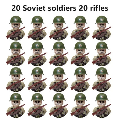 WWII Military Minifigures – 20-Pack Soldiers from Various Nations – Lego Compatible Army Figures with Weapons & Gear